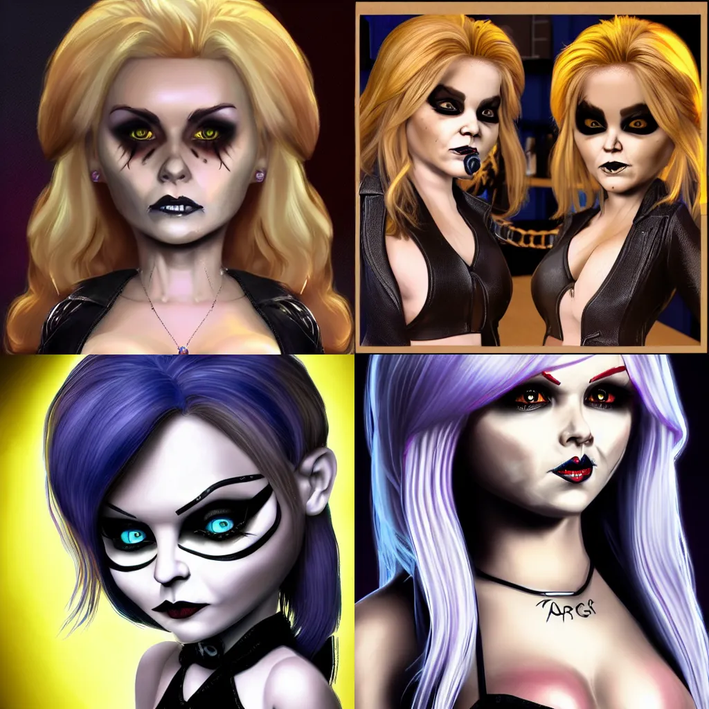Prompt: Character concept of tiffany *from bride of chucky),nice hair,evil,artstation,highly detailed