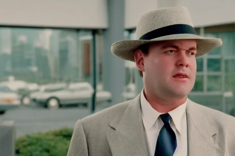 Image similar to cinematic still of portly clean-shaven white man wearing suit and necktie and boater hat at car dealership in 1994 film, XF IQ4, f/1.4, ISO 200, 1/160s, 8K, RAW, dramatic lighting, symmetrical balance, in-frame