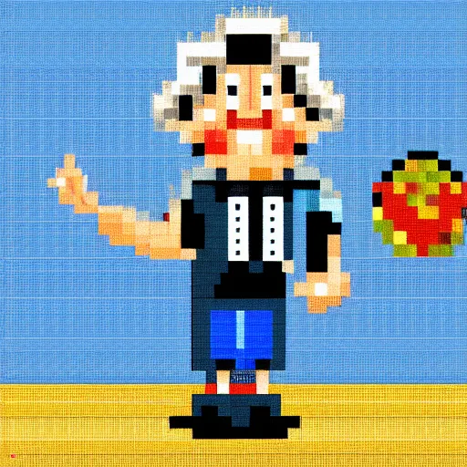 Image similar to pixel art of a farmer in a cathedral holding a red basketball