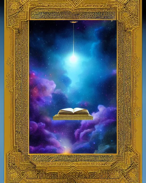 Image similar to the quran descending from the galaxy into clouds highly detailed, gold filigree, romantic storybook fantasy, soft cinematic lighting, award, pastel color palette, featured on artstation