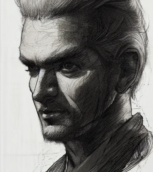 Image similar to portrait of man with blond ponytail hair wearing black robes, pen and ink, intricate line drawings, by craig mullins, ruan jia, kentaro miura, greg rutkowski, loundraw