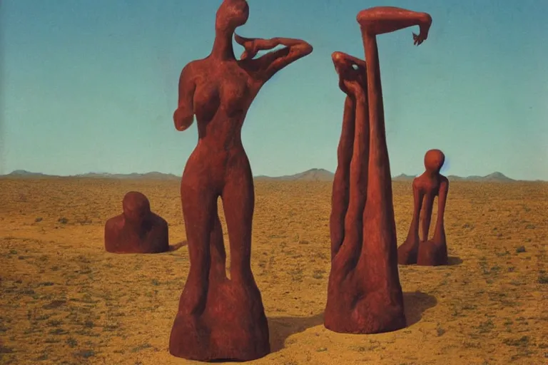 Image similar to surrealist sculpture figures by max ernst in a california desert landscape