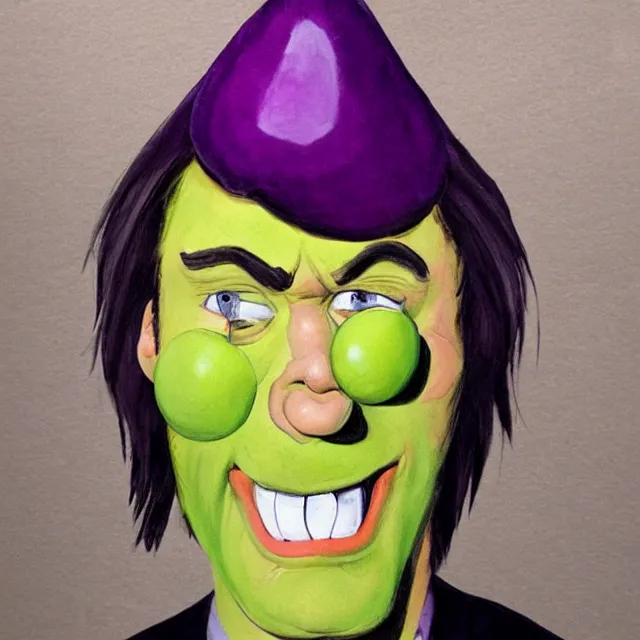 Image similar to jim carrey in a eggplant costume, trending on artstation