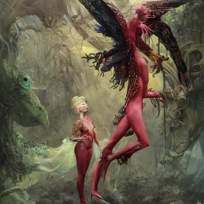 Prompt: a fashion editorial of cate blanchet as a brightly colored harpy amphibian hybrid with wet translucent skin. wearing an black growing organic exosuit. by tom bagshaw, donato giancola, hans holbein, walton ford, gaston bussiere and peter mohrbacher. 8 k, cgsociety