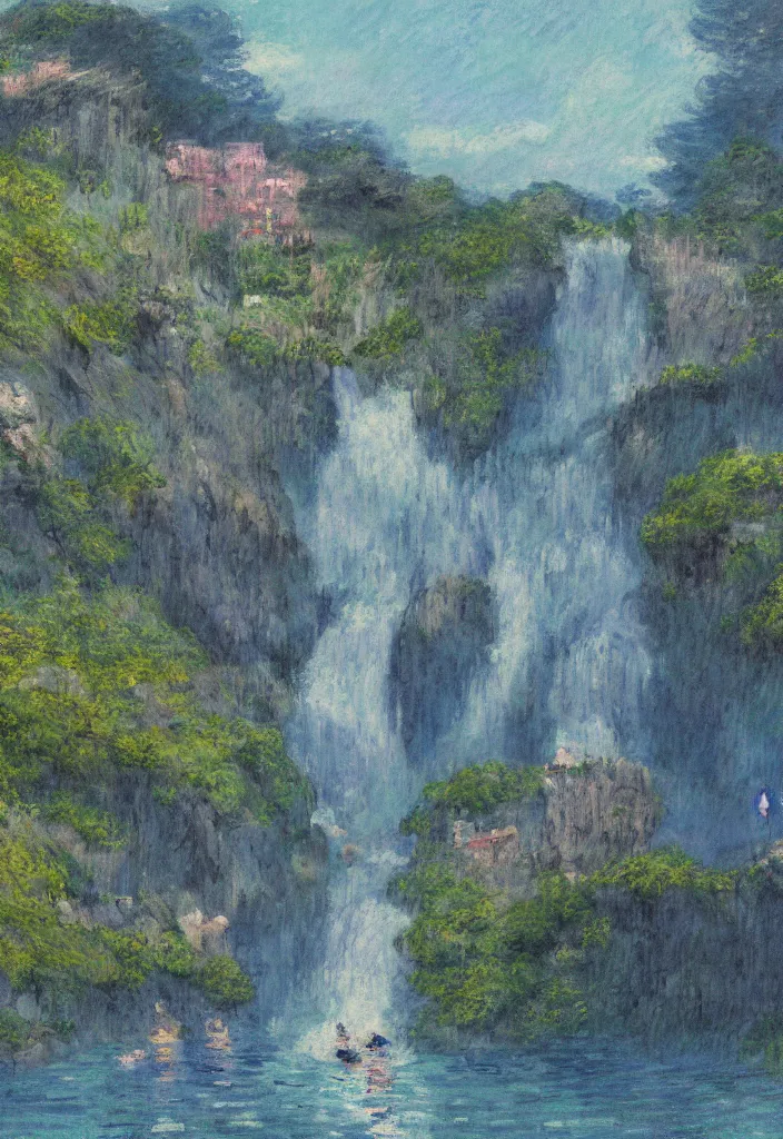 Prompt: tiny ghost in front of a japanese city in the mountain surrounded by waterfall. cyberpunk, boats flying. beautiful blue sky. gorgeous epic nature, lofi, vivid colors, amazing light, by jeremy lipkin, by claude monet, heavily inspired by makoto shinkai, inspired by ghibli, by klimt, masterpiece, multiple brush strokes, impressionist style