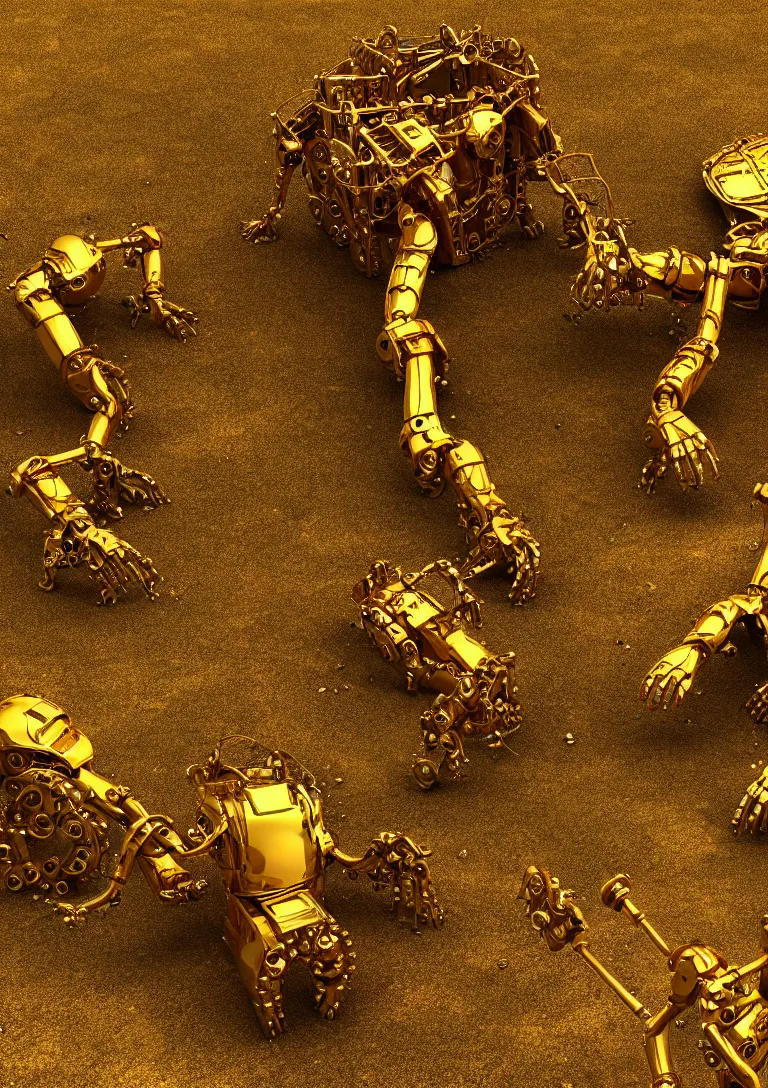 Prompt: Archaeologists discover ancient golden robot. Photorealistic. Intricate details.