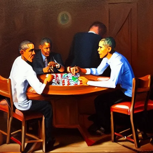 Image similar to Several copies of Barack Obama playing poker around a table, oil painting, warm lighting