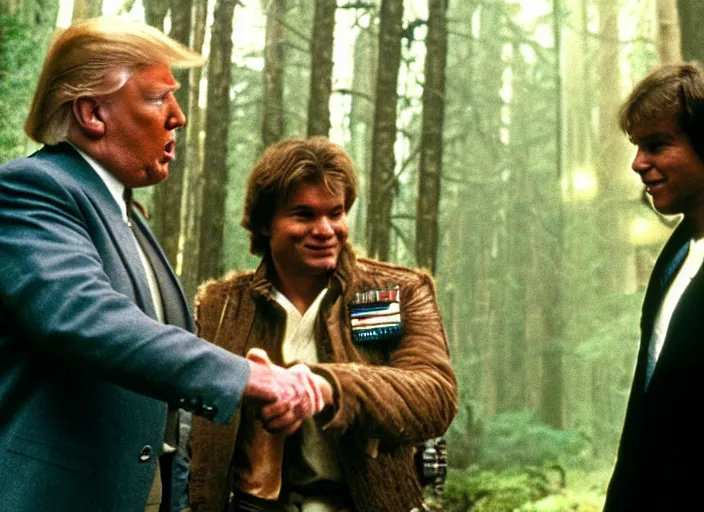 Prompt: donald trump shaking hands with han solo on the forest moon of endor, 3 5 mm photography, highly detailed, cinematic lighting