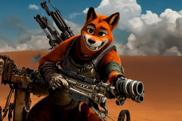 Image similar to nick wilde, heavily armed and armored facing down armageddon in a dark and gritty reboot from the makers of mad max : fury road