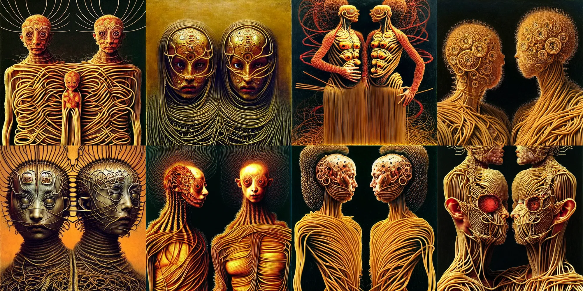 Image similar to siamese twins made of spaghetti, intricate armor made of spaghetti fractals, ancient warrior, samurai style, by giuseppe arcimboldo and ambrosius benson, renaissance, intricate and intense oil paint, a touch of beksinski, realistic