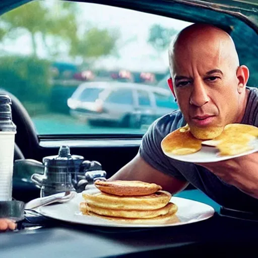 Image similar to movie still of vin diesel eating waffles and pancakes breakfast in a car