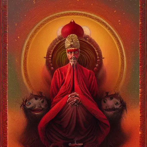 Image similar to wise old Indian guru, red and gold, by Anato Finnstark, Tom Bagshaw, Brom