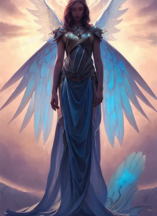 Image similar to a beautiful cinematic female archangel queen, fantasy sea landscape, fantasy magic, short aqua blue black fade hair, dark light night, intricate, elegant, sharp focus, illustration, highly detailed, digital painting, concept art, matte, art by WLOP and Artgerm and Greg Rutkowski and Alphonse Mucha, masterpiece