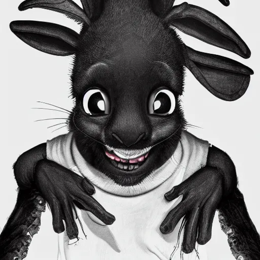 Image similar to A extremely highly detailed majestic hi-res beautiful, highly detailed head and shoulders portrait of a scary terrifying, horrifying, creepy black cartoon rabbit with scary big eyes, earing a shirt laughing, hey buddy, let's be friends, in the art style of Walt Disney