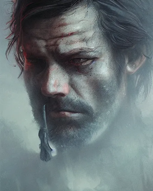 Prompt: battle hardened, charismatic, ruggedfallout 5 male character, face centered portrait, confident, ruined cityscape, fog, rain, volumetric lighting, illustration, perfectly shaded, soft painting, art by leesha hannigan, ross tran, thierry doizon, kai carpenter, ignacio fernandez rios