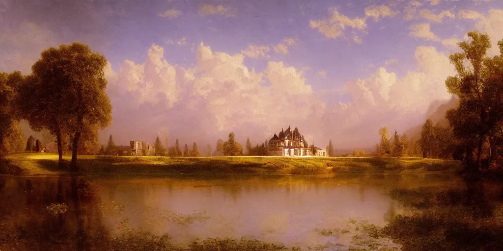 Image similar to beautiful illustration of chateau in a serene landscape, by albert bierstadt, magic realism, glowing clear castle lines, narrative realism, beautiful matte painting, heavenly lighting, retrowave, 4 k hd wallpaper, rim light