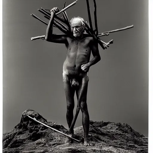 Image similar to a man with sticks protruding from their skin, large format film photograph by richard avedon