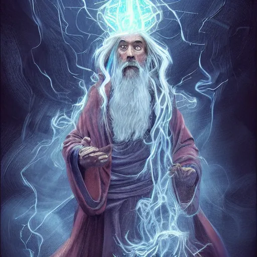 Image similar to hyper detailed surreal full body portrait of an ancient wizard with flowing robe floating in the air in an epic magic blast action pose, artstation, pinterest, concept art