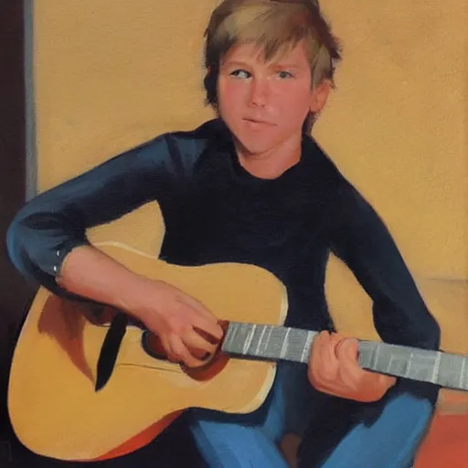 Image similar to a portrait of young james hetfield playing guitar, by gregory manchess and stanley lau