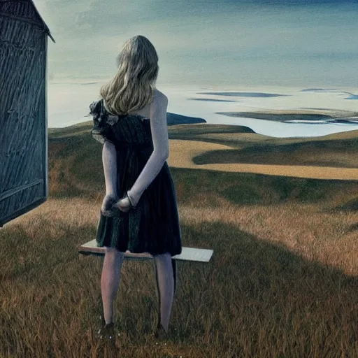 Prompt: Elle Fanning in the painted world of Inception, head and shoulders masterpiece, apocalypse, golden hour, cosmic horror, artstation, in the style of Andrew Wyeth and Edward Hopper and Bosch, extremely detailed