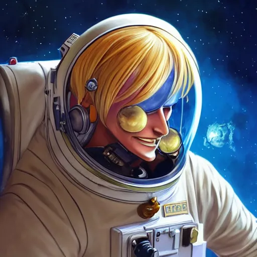 Image similar to sanji in a astronaut suit and sanji, intricate, sanji, highly detailed, digital painting, artstation, concept art, smooth, sharp focus, illustration, sanji, unreal engine 5, 8 k, art by artgerm and greg rutkowski and alphonse mucha