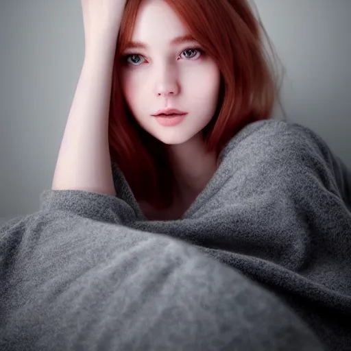 Image similar to portrait of a cute thin young woman, red blush, wearing casual clothes, small smile, relaxing on a couch, cozy under a blanket, cozy living room, close up shot, 8 k, octane render, trending on artstation, art by artgerm and irakli nadar,, hyperrealism, hyperdetailed, ultra realistic