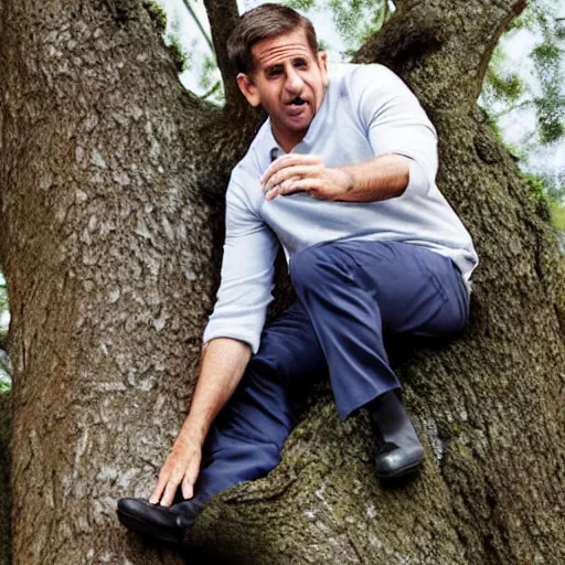 Image similar to close up of steve carrell climbing a giant tree