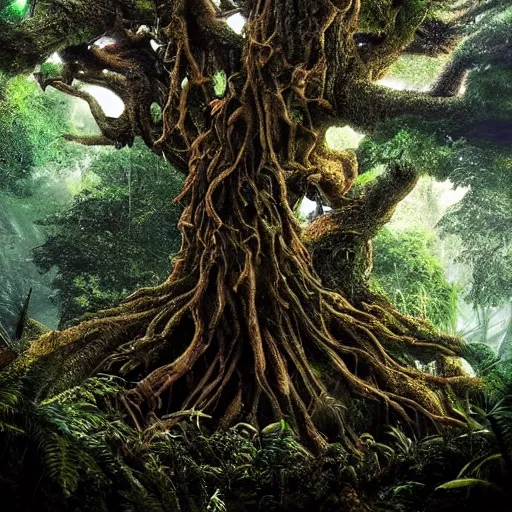 Prompt: horrific, spectacular tree in a densely overgrown, dark jungle, fantasy, dreamlike sunraise, ultra realistic