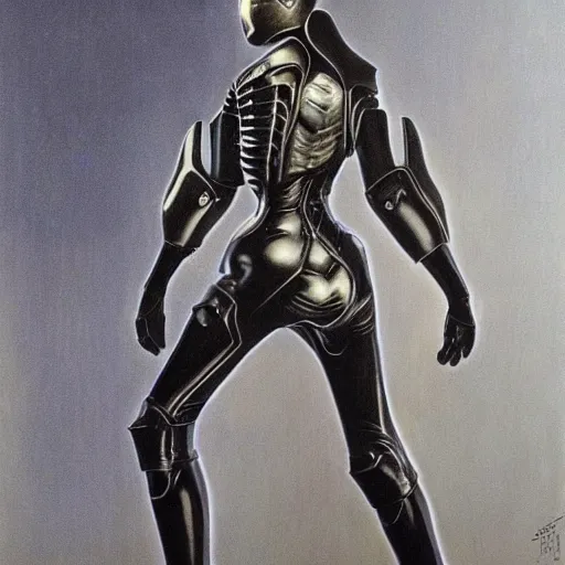 Image similar to full body portrait of beautiful gothic and futuristic fashion model, tight space armour, cyber armour, highly detailed, artstation, illustration, composition, 8 k quality, art by jean delville, rene magritte, hyperrealism oil painting