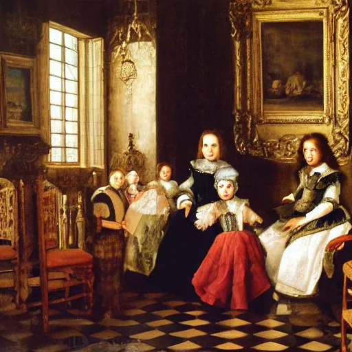 Prompt: extremely detailed oil painting of a family portrait in the main room of the castle painted in 1 6 5 6, dark room, one point of light coming through the window inspired by las meninas, clear spaces between each subject and good detail and realistic eyes, faces for each person, extreme perspective, textured photo - realism, inspired by diego velasquez better quiality