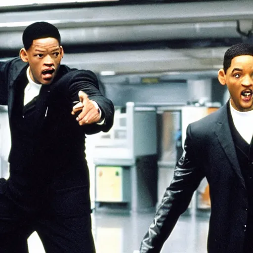 Image similar to film still of Will Smith as Neo in The Matrix, fight scene with agent smith in subway