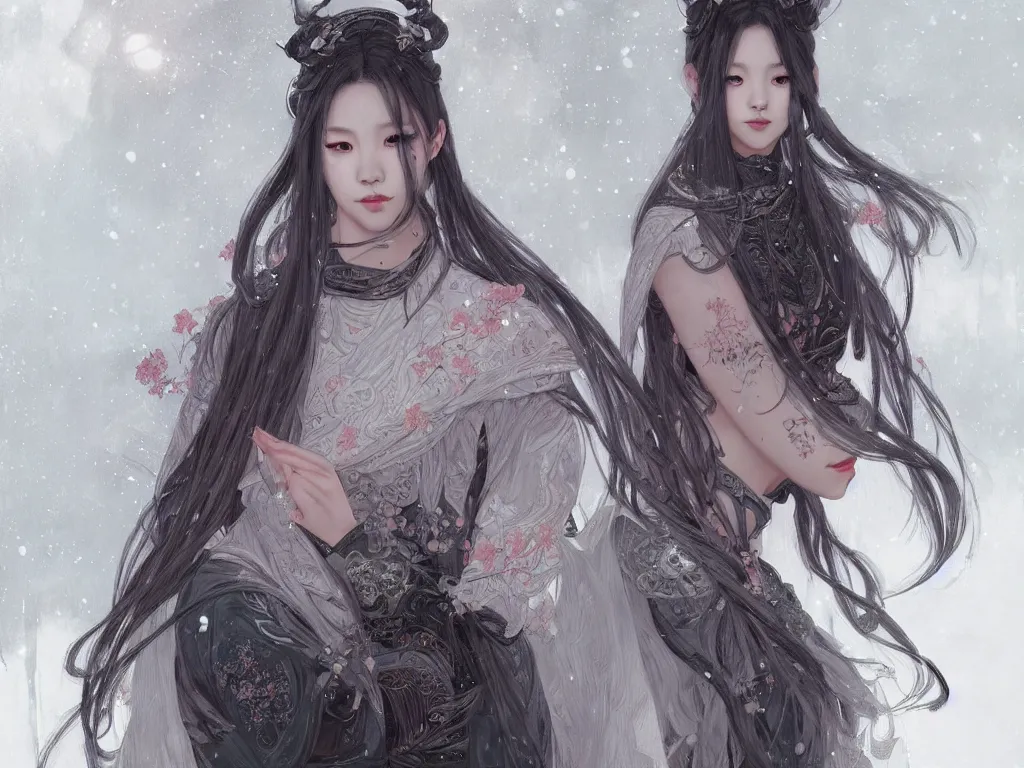 Prompt: portrait jisoo blackpink, grey hair armored samurai clothes, in snowy torii black magic night, ssci - fi and fantasy, intricate and very very beautiful and elegant, digital painting, artstation, concept art, smooth, illustration, art by tian zi and wlop and alphonse mucha