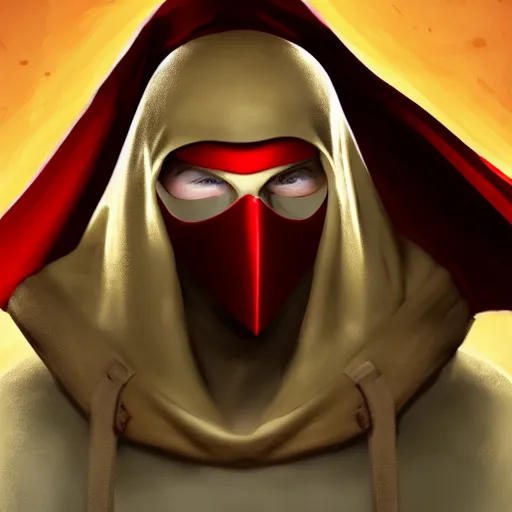 Image similar to portrait of a hero wearing a red mask covering his entire head, only his totally white eyes and mouth are visible, cyan background, golden cape, golden ear buds, golden eye rims, artstation, digital art, opengl