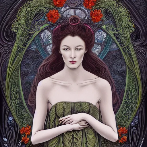 Image similar to facial portrait of a young pretty woman in flowing dress, arrogant, mysterious, long fine flowing hair, delicate, looking at camera, slightly awkward smile, realistic face, hands behind back, intricate, stylish, elegant, grimdark fantasy, flowers, art nouveau, extremely detailed painting inspired by Gerald Brom and Ernst Haeckel and Kaluta