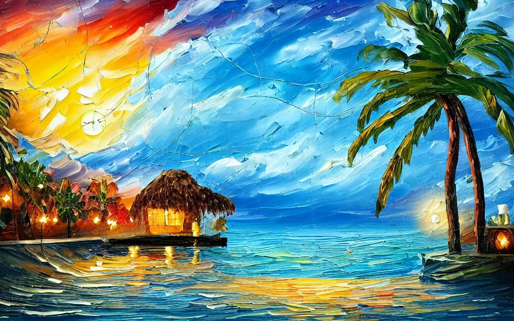 Image similar to in a sea is a tiny island surrounded by water with a cute cozy cottage with a terrace, a paved courtyard with benches a fountain and string lights, palm trees, sunset, puffy clouds, dramatic and dynamic lighting, thick brush strokes oil impasto painting