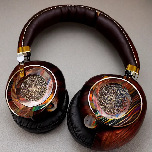 Prompt: masterpiece photo of beautiful hand crafted artistic metal headphones, bismuth rainbow metal, bismuth cups, plush leather pads, displayed on mahogany desk, modernist headphones, bismuth beautiful well designed, hyperrealistic, audiophile, intricate hyper detail, extreme high quality, photographic, audeze, sennheiser, raal, bang olufsen, abyssal