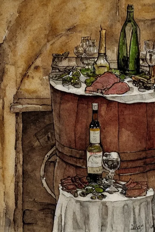 Prompt: pork, meat, schnapps, wine, candle on a barrel in a cellar, watercolor painting by anderz zorn and carl larsson