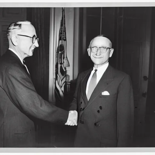 Prompt: monochrome vintage photograph of Harry Truman and a space alien shaking hands in the white house, 8k, ultra intricate, ultra detailed,