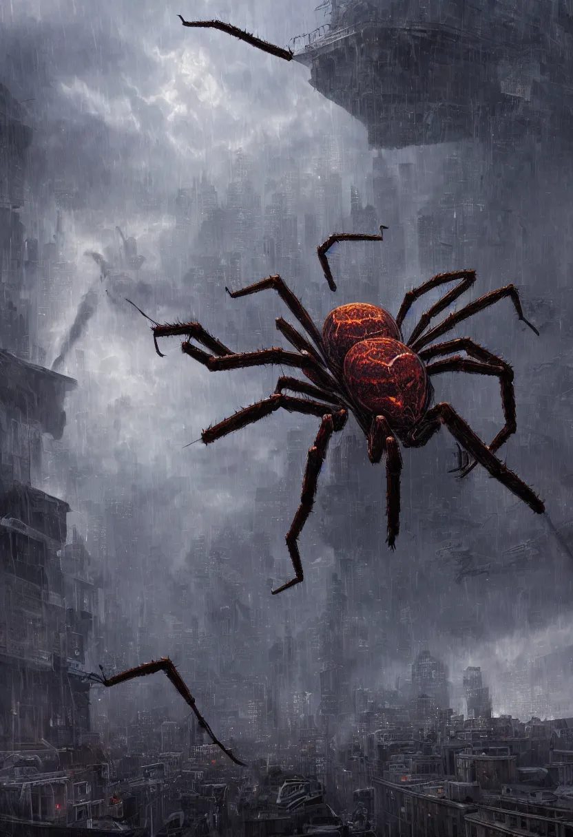 Prompt: A terrifying giant spider destroying a city, dramatic atmosphere, cinematic lighting, rain, masterpiece digital painting by Alex Grey, Greg Rutkowski, 4k wallpaper, artstation