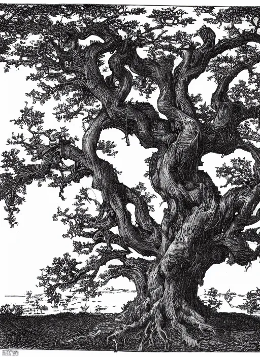 Image similar to gnarled ancient oak tree of life with roots wrapped in an open book, art by james o barr and albrecht durer, woodblock print, engraved, black and white, vector, vector art