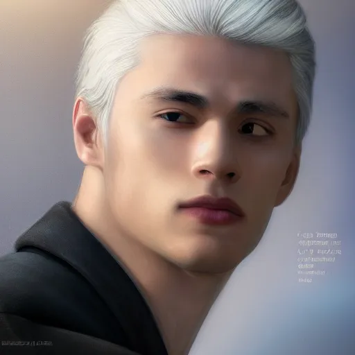 Image similar to a portrait of a young handsome prince with white hair, elegant, beautiful, backlit, incredible lighting, strong rim light, highly detailed, god rays, digital painting, HDRI, by Heise Jinyao, Heise-Lian Yan Fang, Feimo, Richard Taddei, vivid colors, high contrast, 8k resolution, intricate, photorealistic, smooth