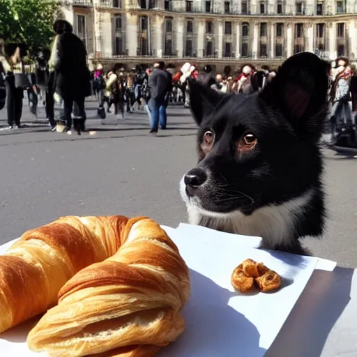 Prompt: dog eating croissants in paris, photo