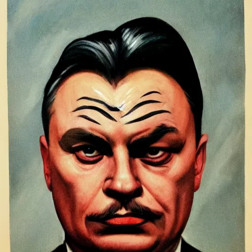 Prompt: highly detailed propaganda poster portrait of the leader of fascist hungary, viktor orban with cat whiskers face painting, looking into the distance 1 9 5 0, by edward hopper