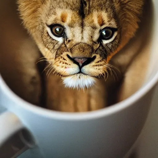 Prompt: a tiny lion peeking his head out of a coffee mug, close up shot.