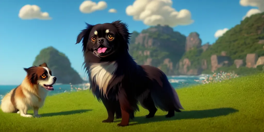 Image similar to a wholesome animation key shot of a black tibetan spaniel, spanish riviera in the background, studio ghibli, pixar and disney animation, sharp, rendered in unreal engine 5, anime key art by greg rutkowski, bloom, dramatic lighting