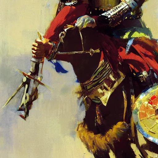 Image similar to close - up portrait of colorful rider holding jousting lance, caparisons, chainmail, by greg manchess, bernie fuchs, ruan jia, walter everett