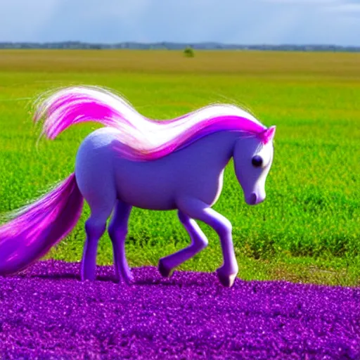 Image similar to purple pony trotting through a cotton candy and candy cane field