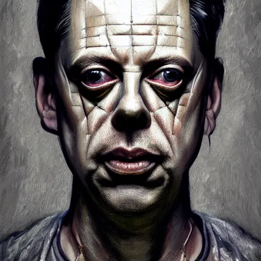 Image similar to hyperrealistic mixed media high resolution painting of Steve Buscemi !!Hellraiser!!, stunning 3d render inspired art by Jamie Salmon and István Sándorfi and Greg Rutkowski, perfect facial symmetry, dim volumetric lighting, 8k octane beautifully detailed render, full body shot, post-processing, extremely hyper-detailed, intricate, epic composition, highly detailed attributes, highly detailed atmosphere, cinematic lighting, masterpiece, trending on artstation, very very detailed, masterpiece, stunning, flawless completion, lifelike texture, perfection,