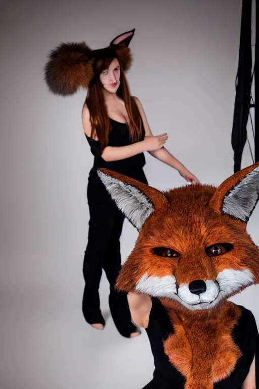 Image similar to photo of a woman in a realistic fox fursuit body, with her head exposed, in a photo studio, studio photography