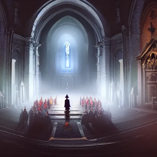 Image similar to center view photography of a group of priest in circle invoking an hyper realistic lovecraft creature portrait in a huge ritual portal in a church, 4 k, fantasy art, glamorous composition, wide - angle shot, cinematography lighting, volumetric fog, vivid colors, realistic, octane render, unreal engine